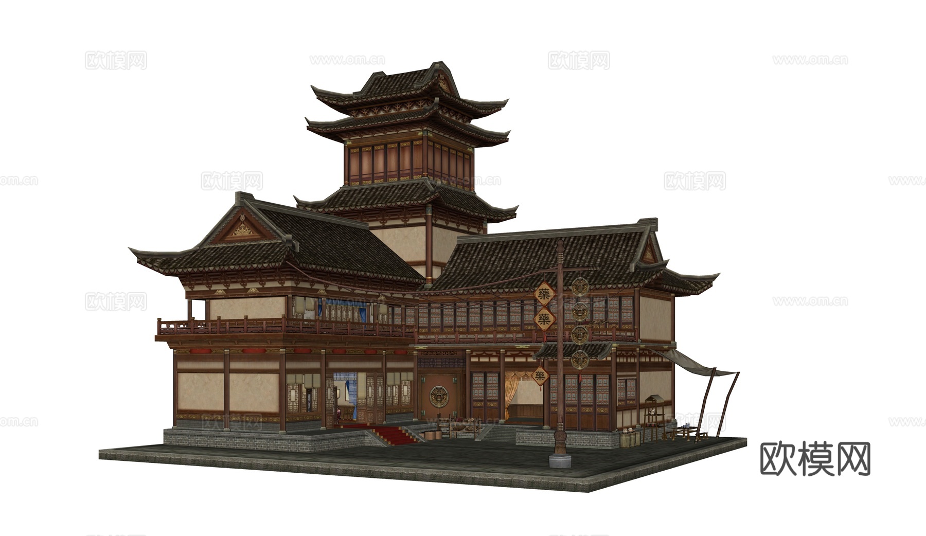 中式客栈 酒楼 游戏场景建筑 药铺 钱庄su模型