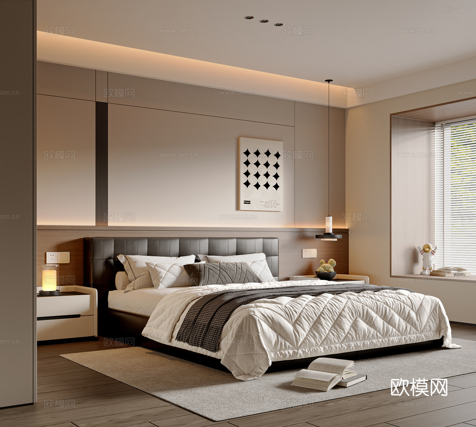现代简约卧室 双人床 卧室挂画 衣柜 台灯 吊灯3d模型