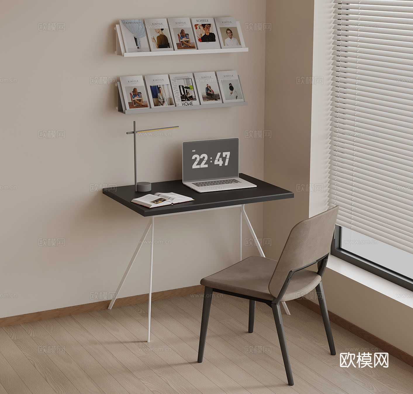 现代书桌椅 学习桌 书架3d模型