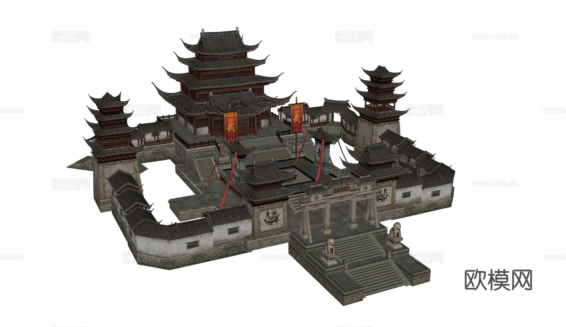 中式塔楼 游戏场景建筑 合院建筑 山门 武馆su模型