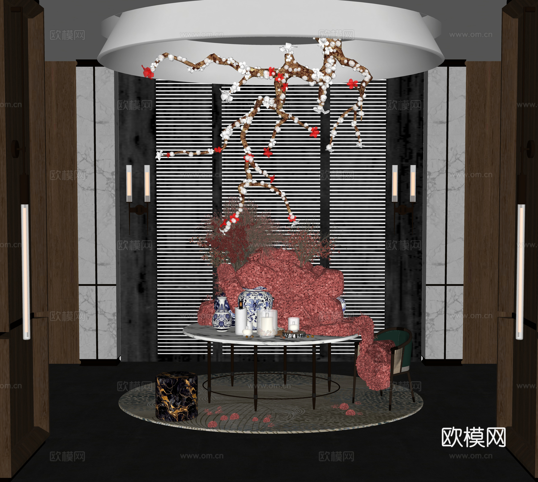 现代酒店会所大厅 网红装置  酒店会所装置  壁灯 端景台su模型