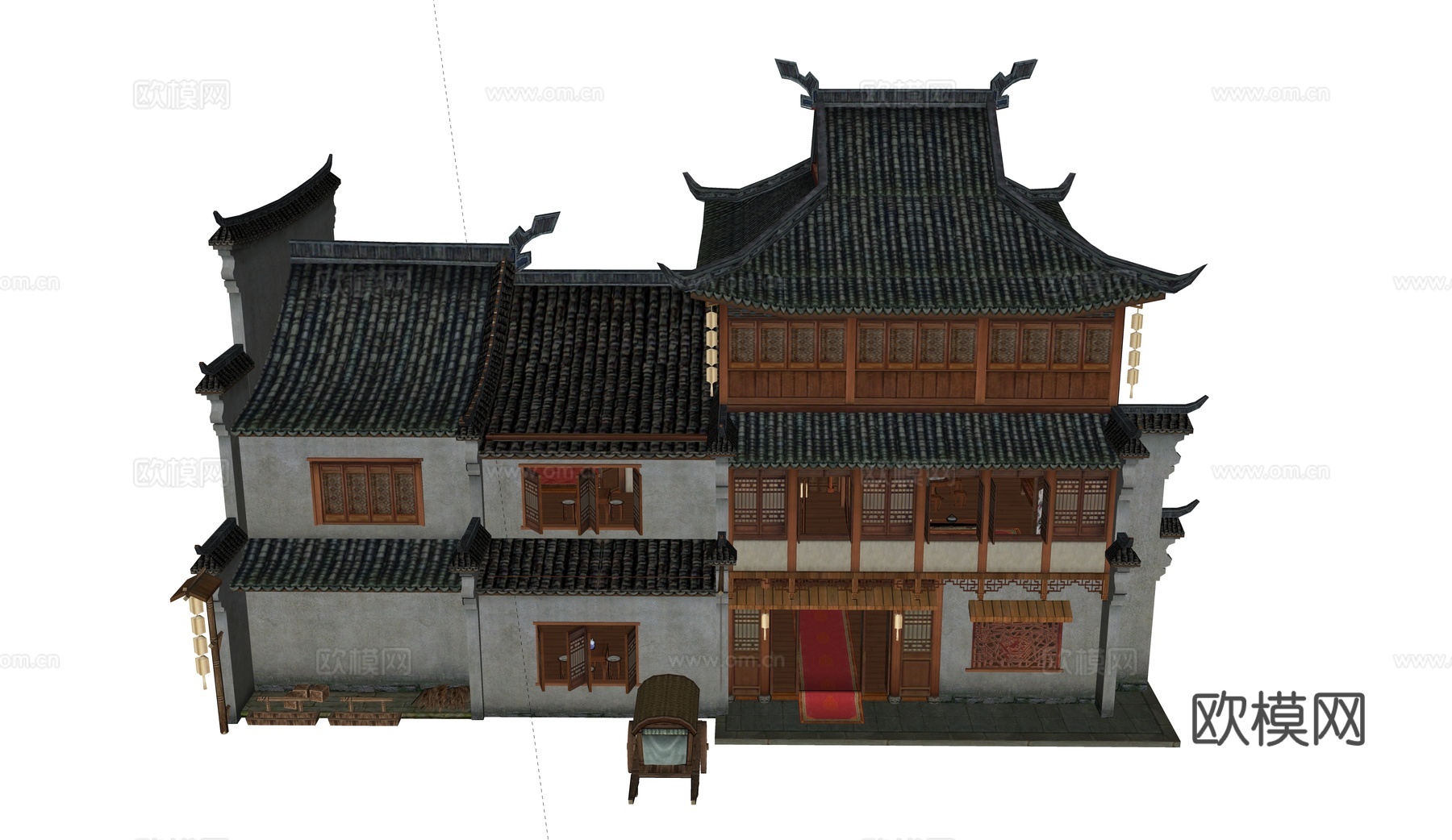 中式客栈 酒楼 游戏场景建筑 药铺su模型