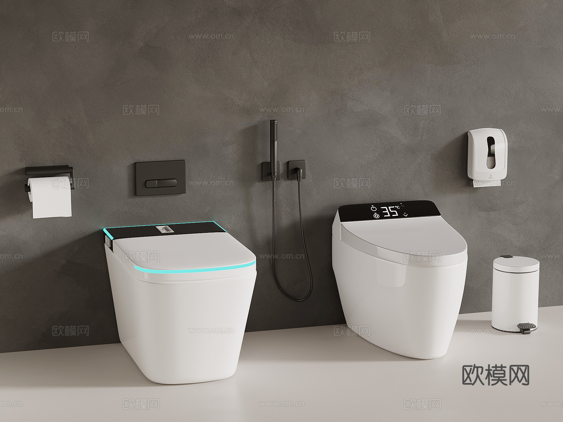 现代智能马桶 卫浴小件 垃圾桶su模型