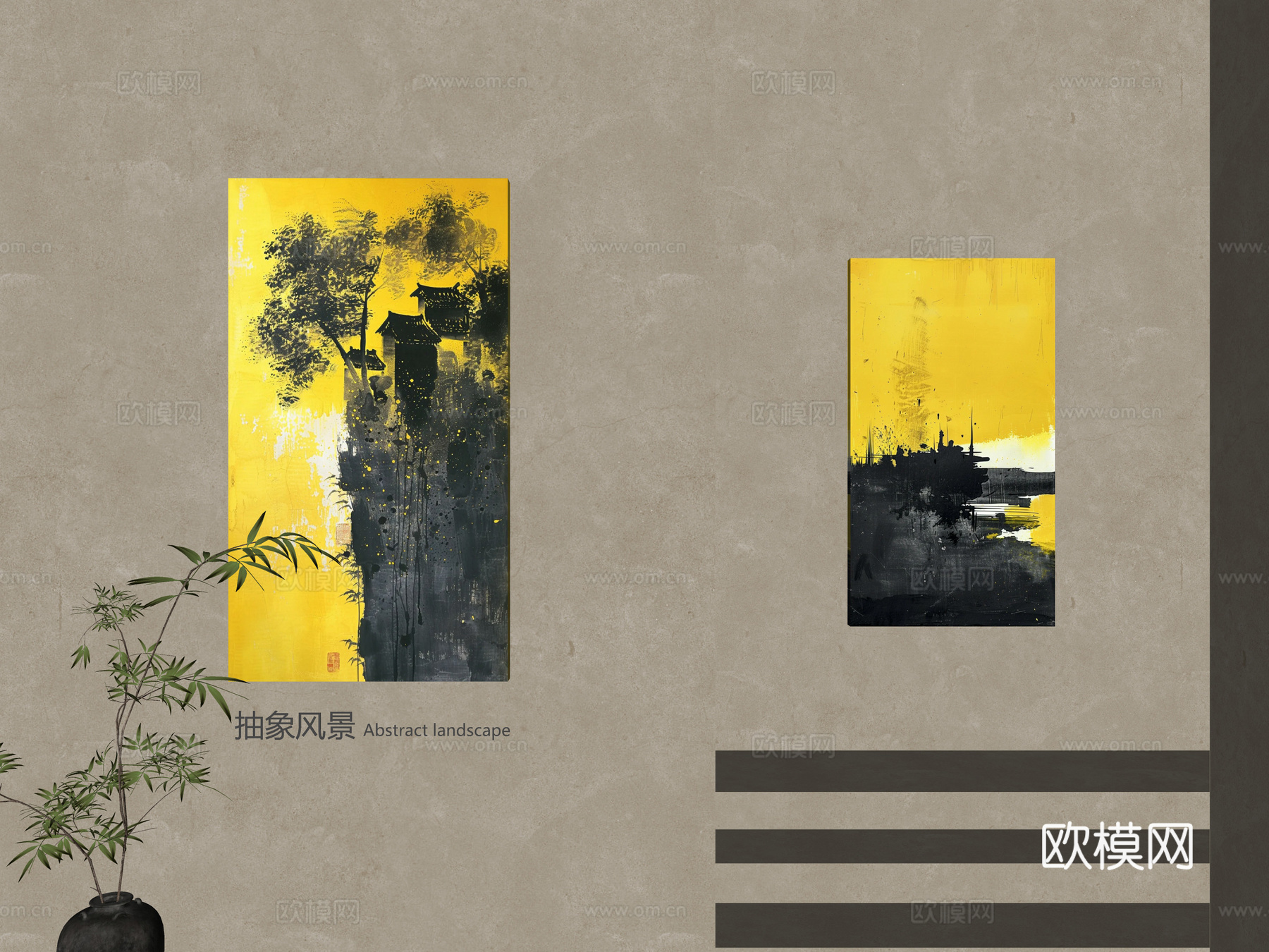 侘寂风装饰画 漆金挂画 抽象山水画 挂画组合 禅意挂画 挂画su模型