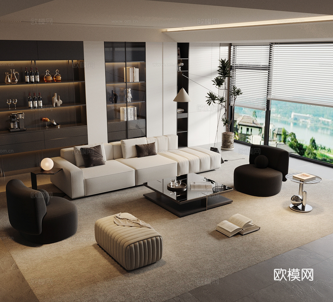 轻奢意式家居客厅 沙发茶几组合 高级灰客厅 黑白灰客厅su模型