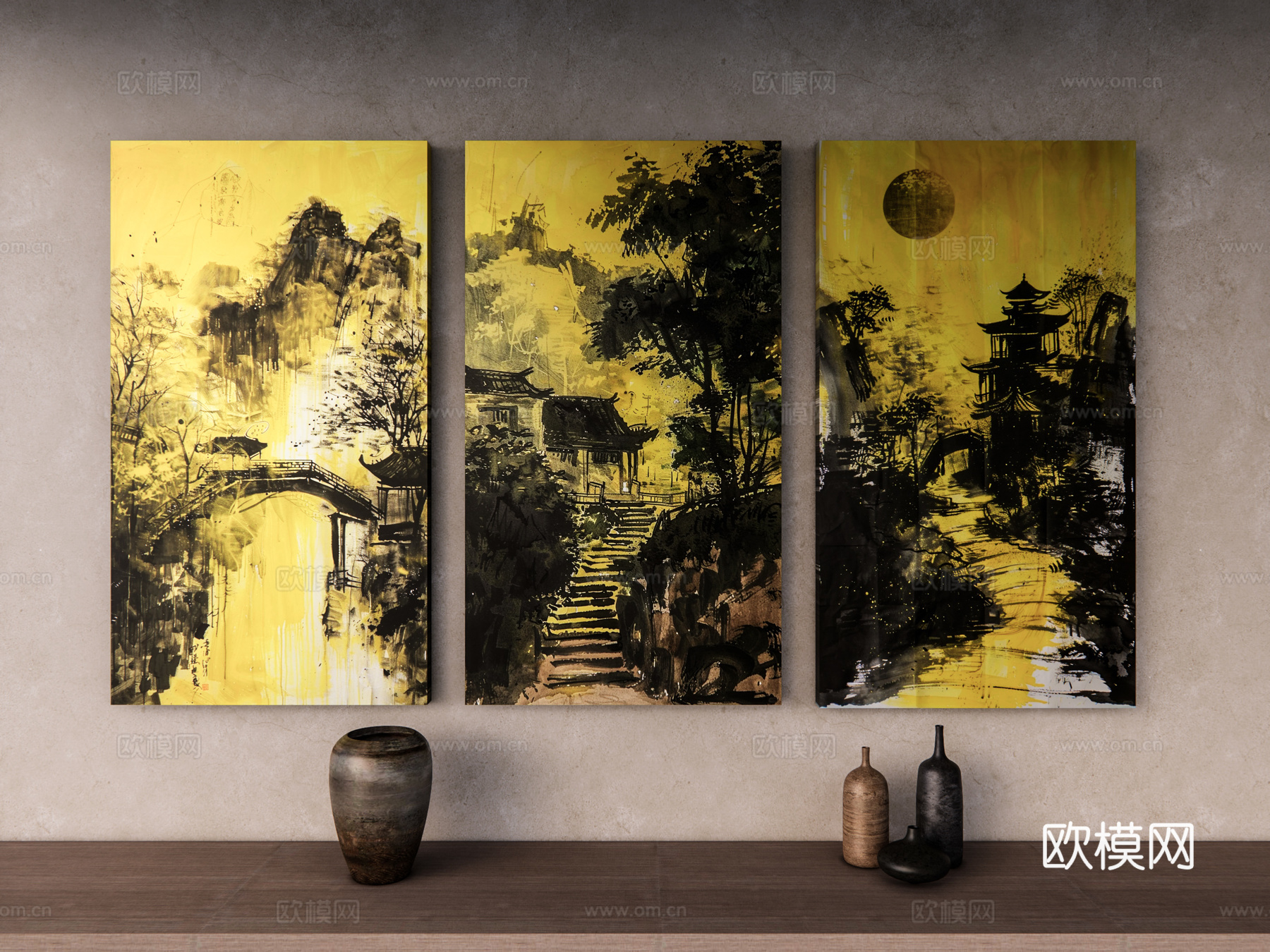 侘寂风装饰画 漆金挂画 抽象山水画 挂画组合 禅意挂画 挂画su模型