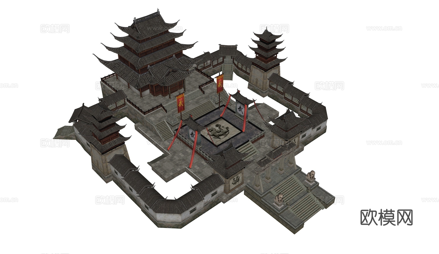中式塔楼 游戏场景建筑 合院建筑 山门 武馆su模型