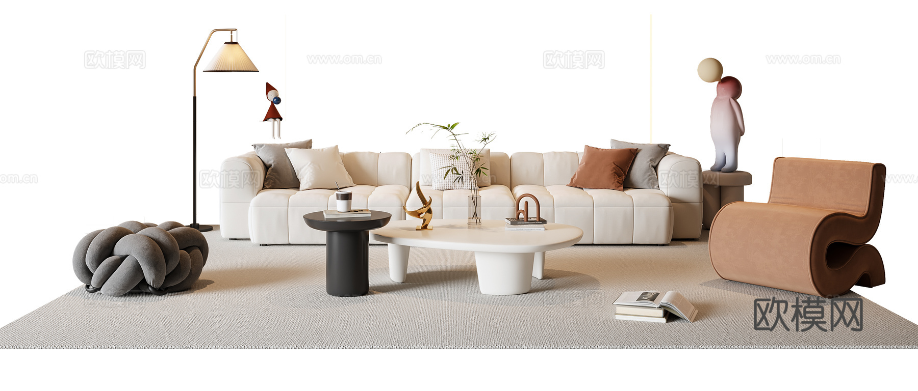 现代奶油风沙发茶几组合 布艺沙发 多人沙发 休闲沙发 落地灯3d模型