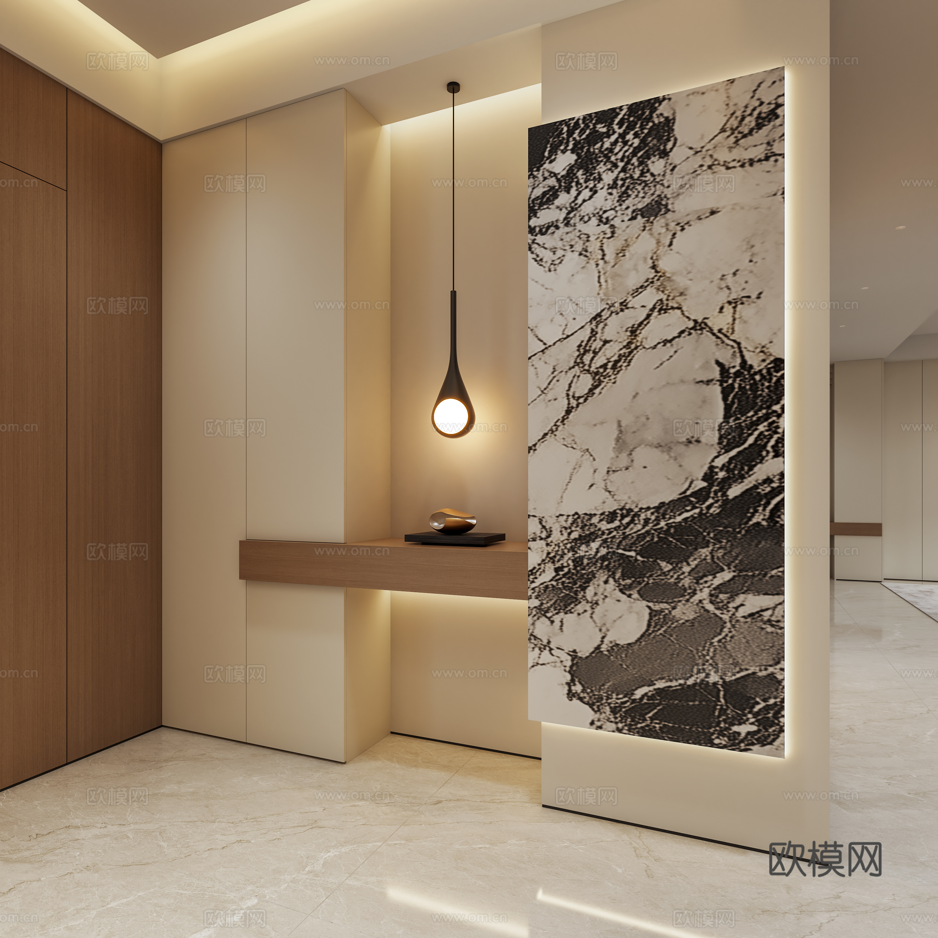 意式轻奢入户玄关 石材玄关背景 入户门厅 装饰玄关 水滴吊灯su模型