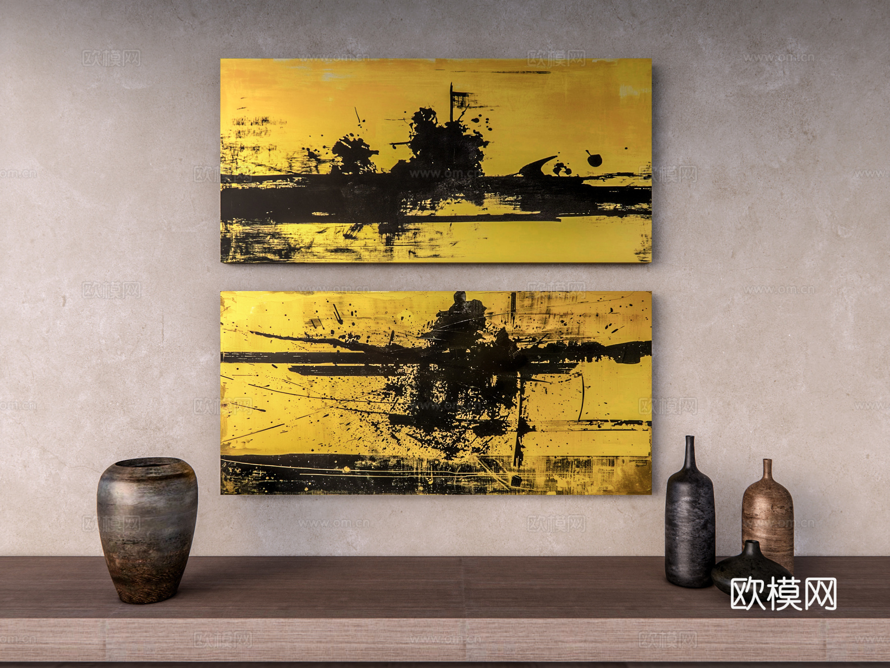 侘寂风装饰画 漆金挂画 抽象山水画 挂画组合 禅意挂画 挂画su模型