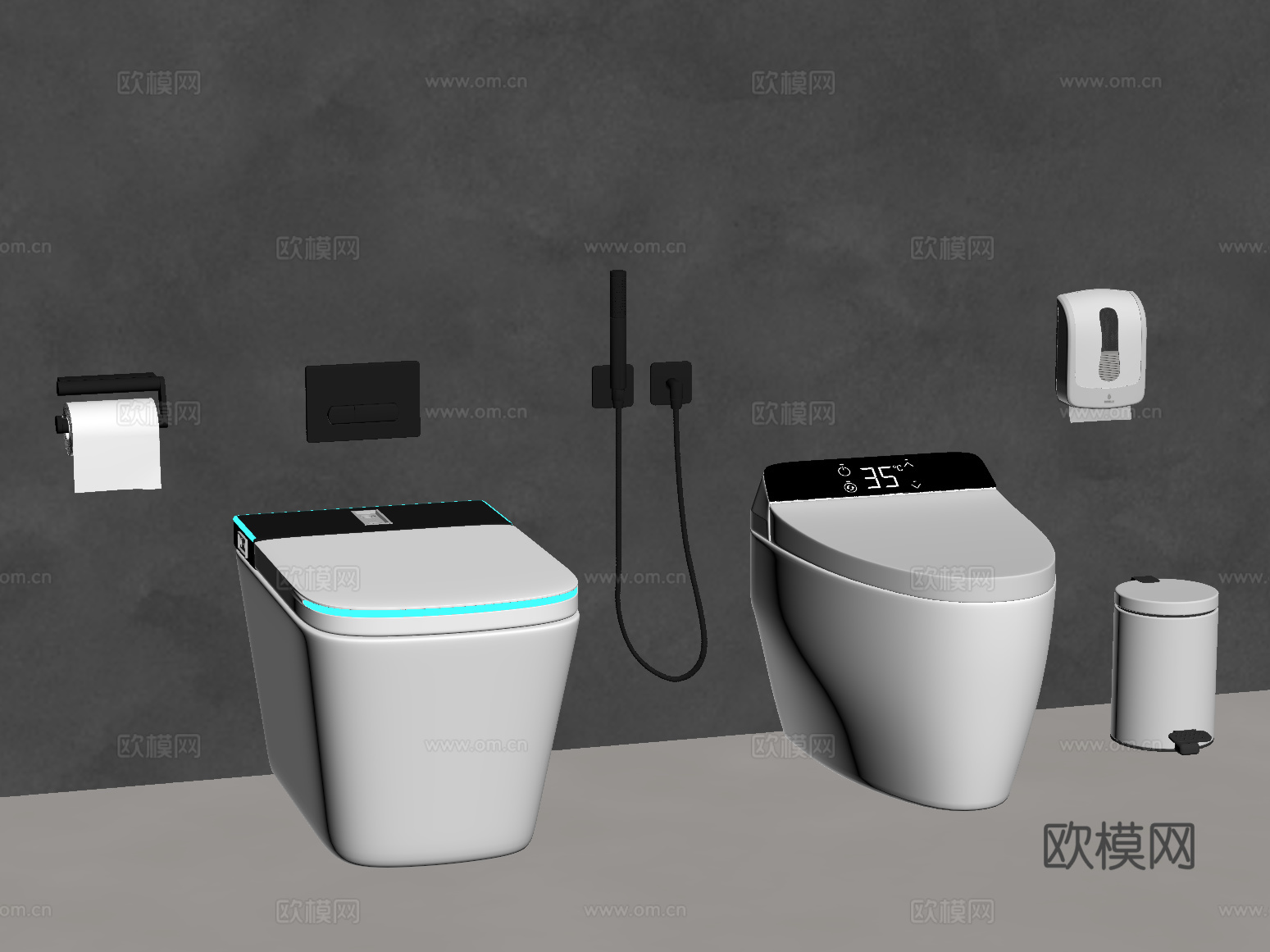 现代智能马桶 卫浴小件 垃圾桶su模型
