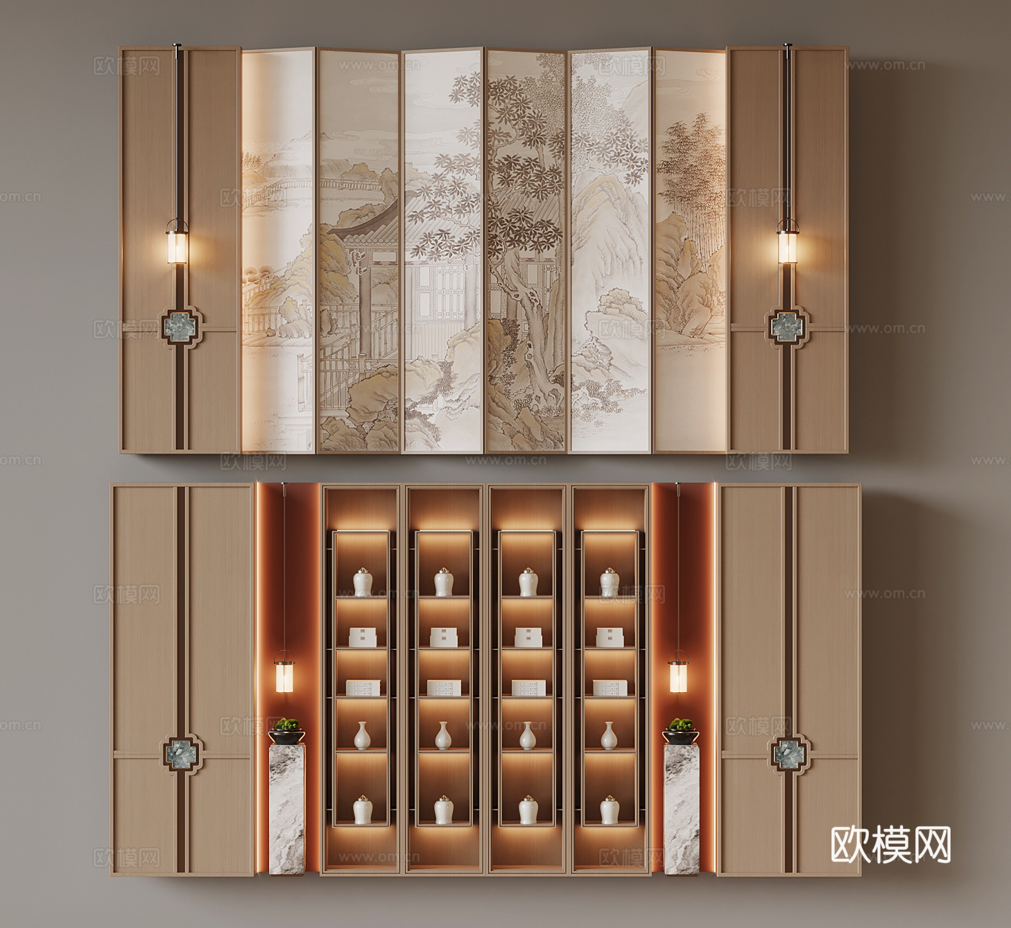 新中式背景墙 展示柜su模型