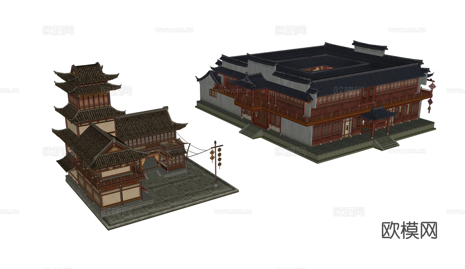 中式客栈 酒楼 游戏场景建筑 药铺 钱庄su模型