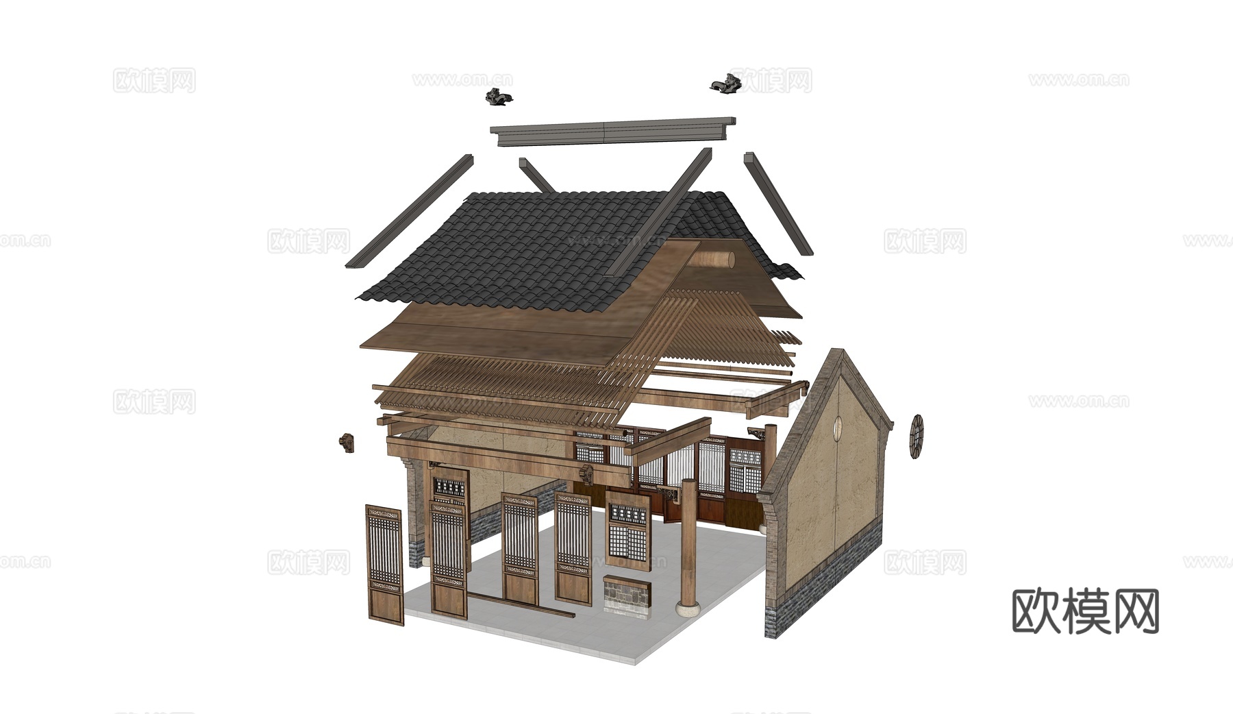 中式店铺 悬山建筑 建筑结构爆炸图su模型