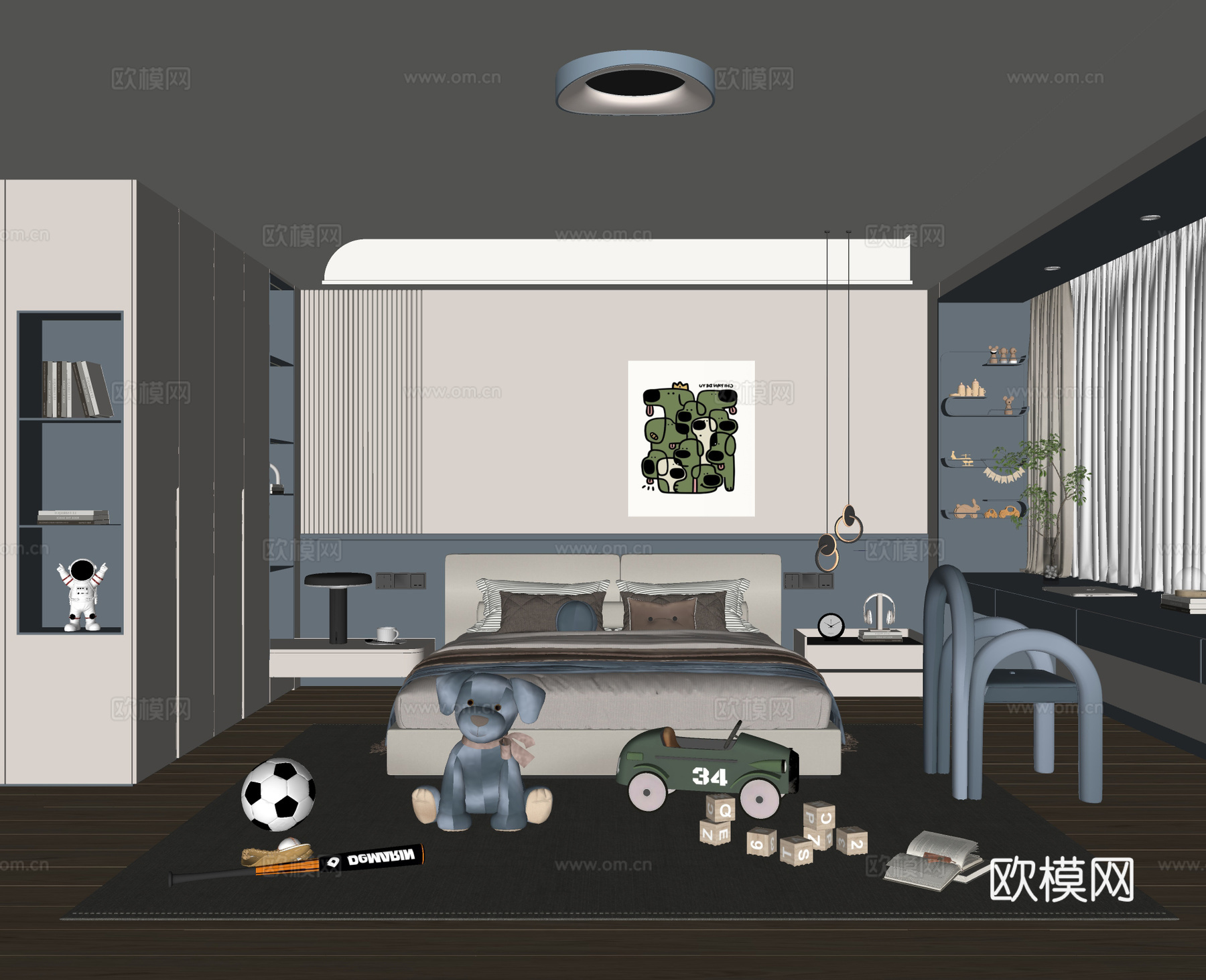 现代男孩儿童房 儿童床 儿童衣柜  书桌椅 挂画 吸顶灯su模型