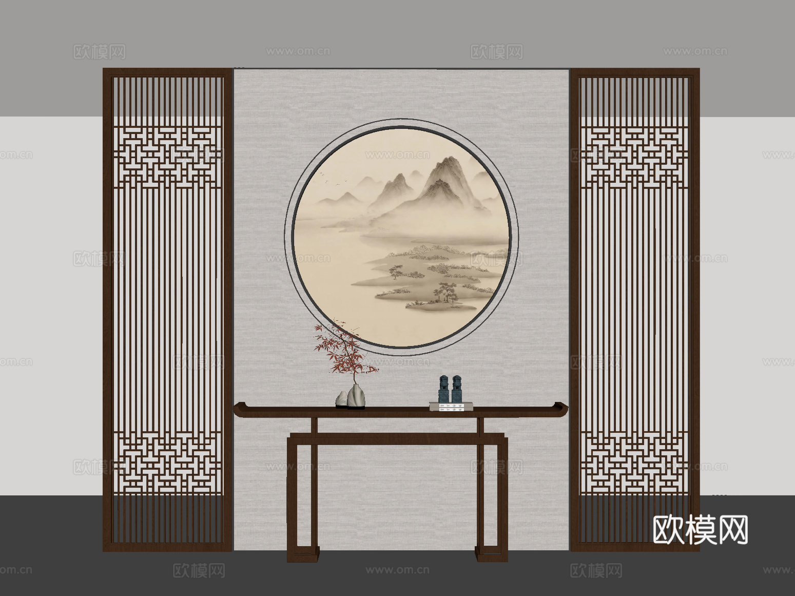 新中式玄关隔断 条案 端景柜su模型