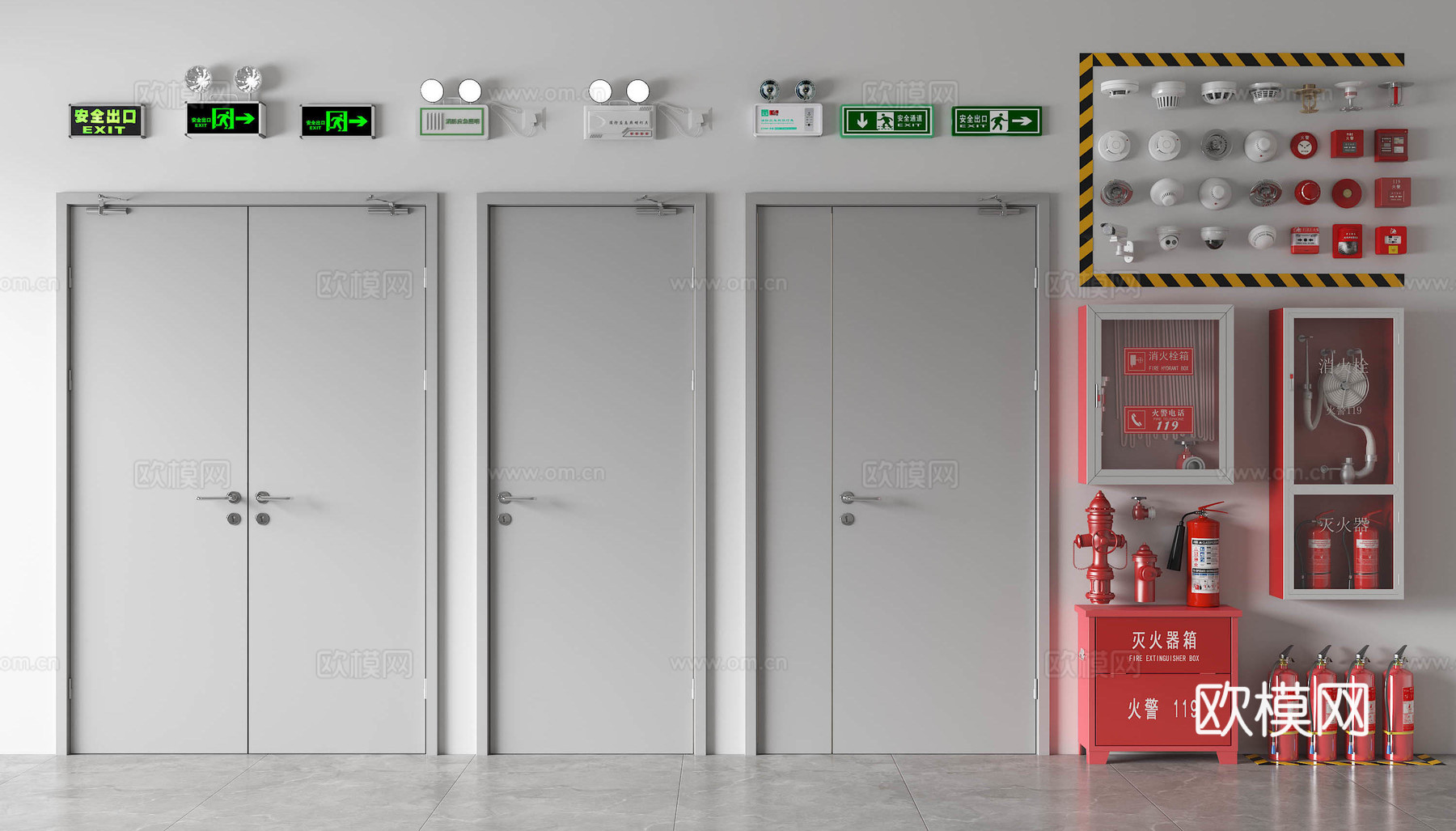 现代消防门 防火门 安全门 消防栓 灭火器 安全出口 消防器su模型