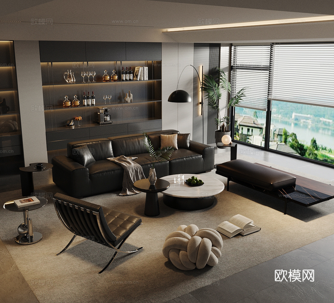 轻奢意式家居客厅 沙发茶几组合 高级灰客厅 黑色皮沙发 边几su模型