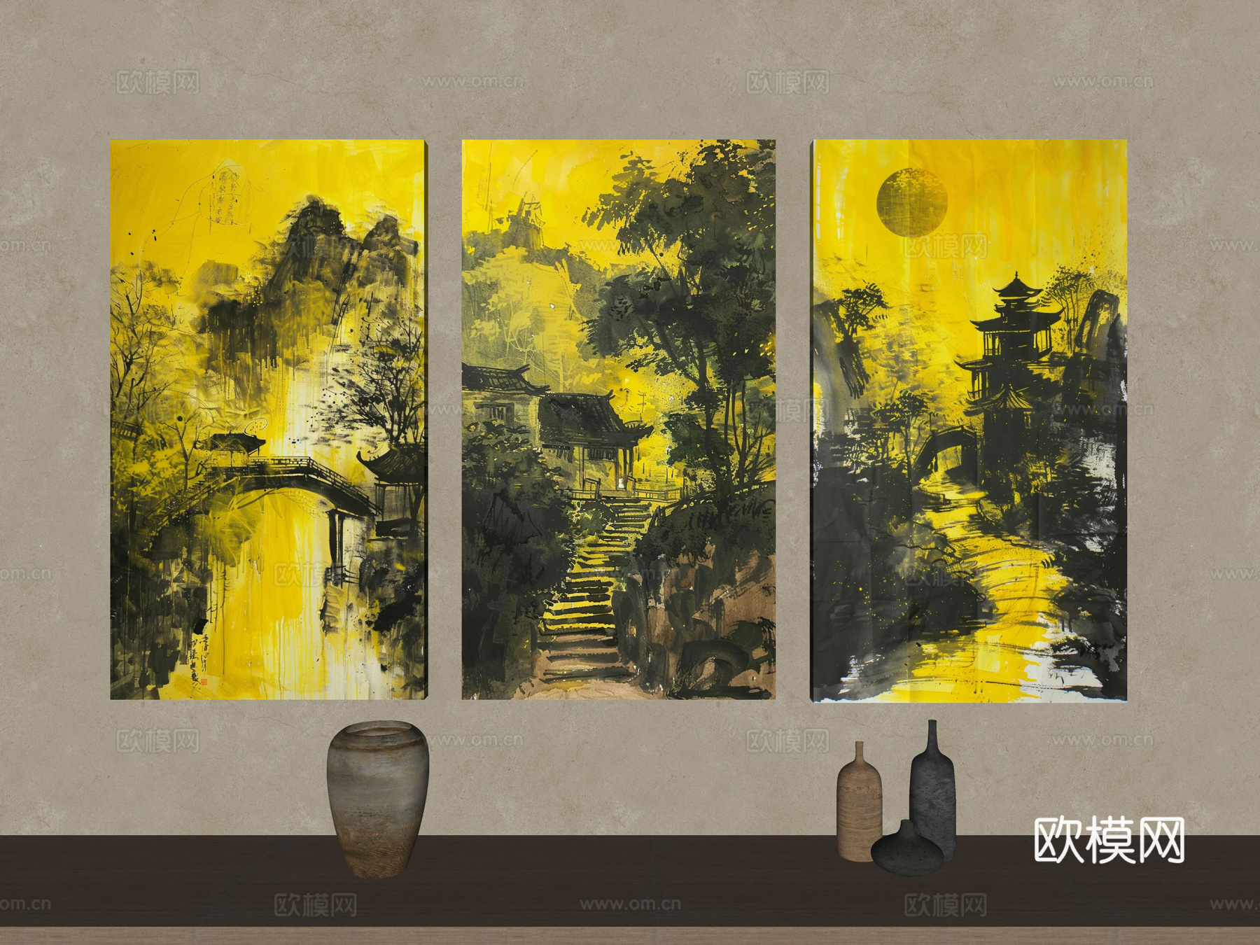 侘寂风装饰画 漆金挂画 抽象山水画 挂画组合 禅意挂画 挂画su模型