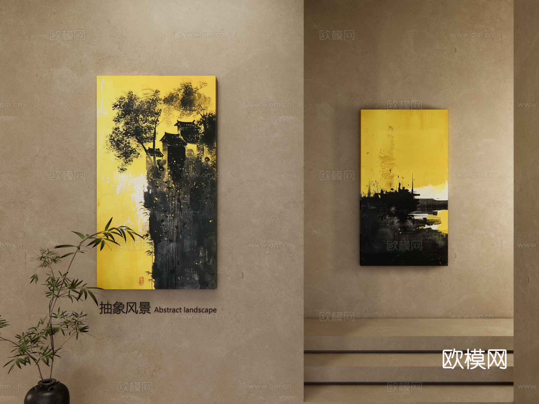 侘寂风装饰画 漆金挂画 抽象山水画 挂画组合 禅意挂画 挂画su模型