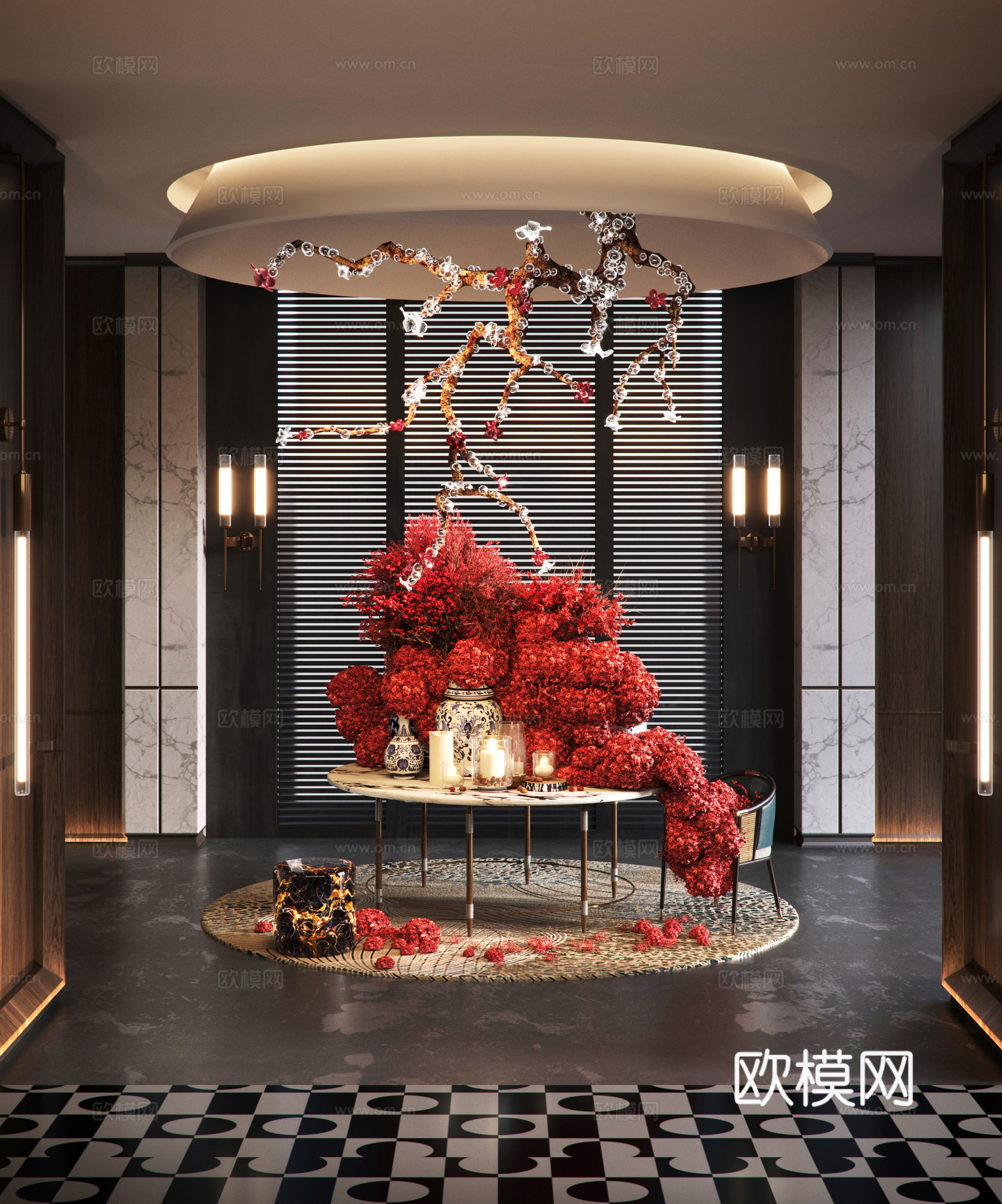 现代酒店会所大厅 网红装置  酒店会所装置  壁灯 端景台su模型