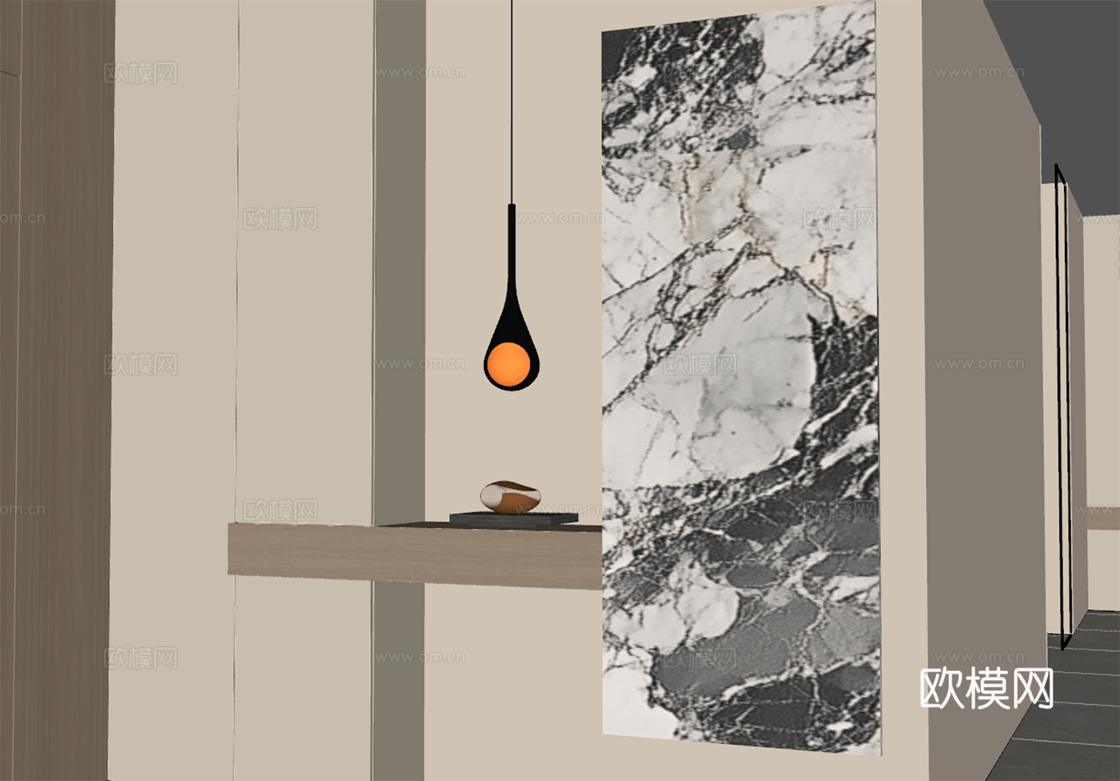 意式轻奢入户玄关 石材玄关背景 入户门厅 装饰玄关 水滴吊灯su模型