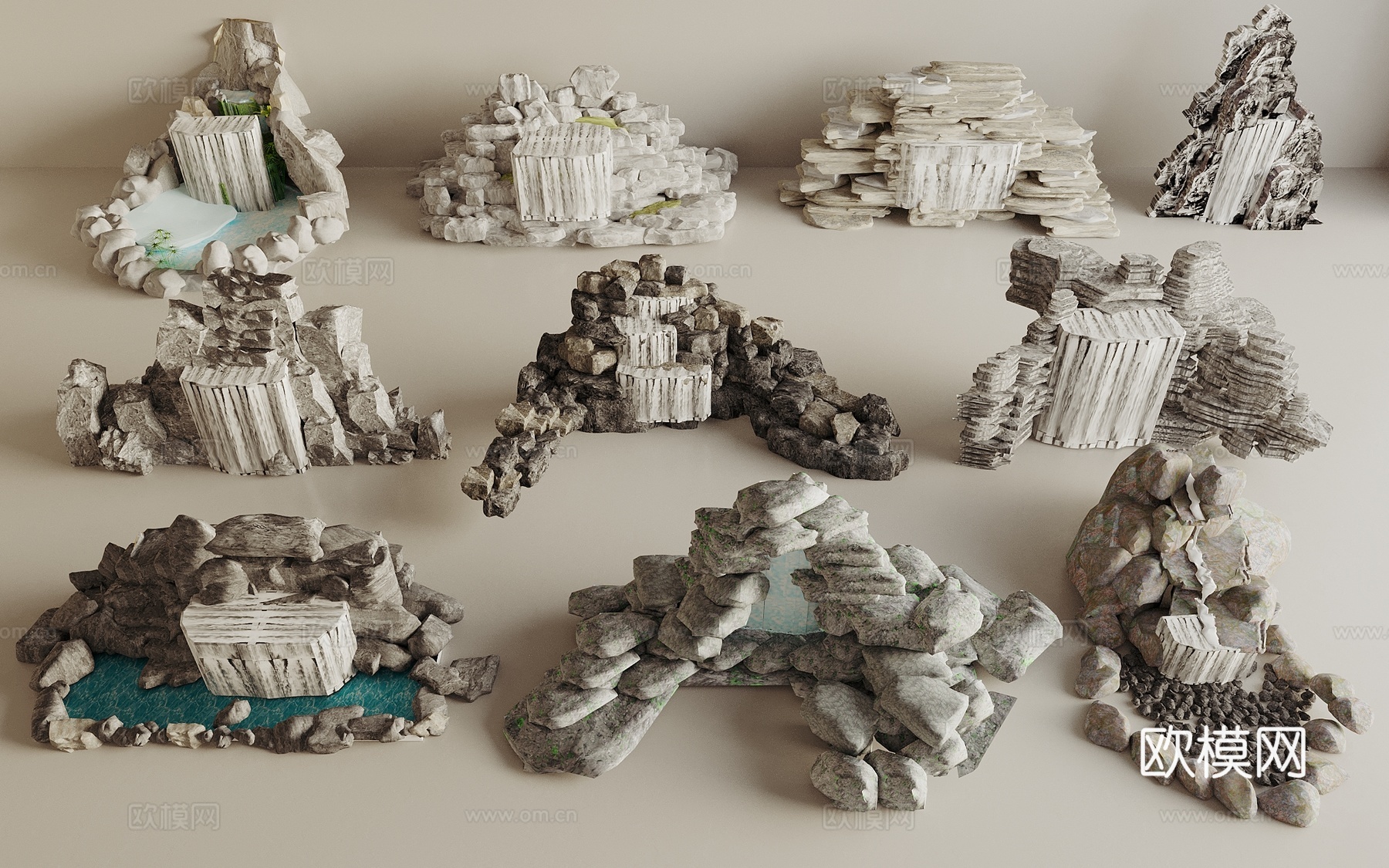 新中式假山水景 假山流水 假山石头 瀑布跌水水景3d模型