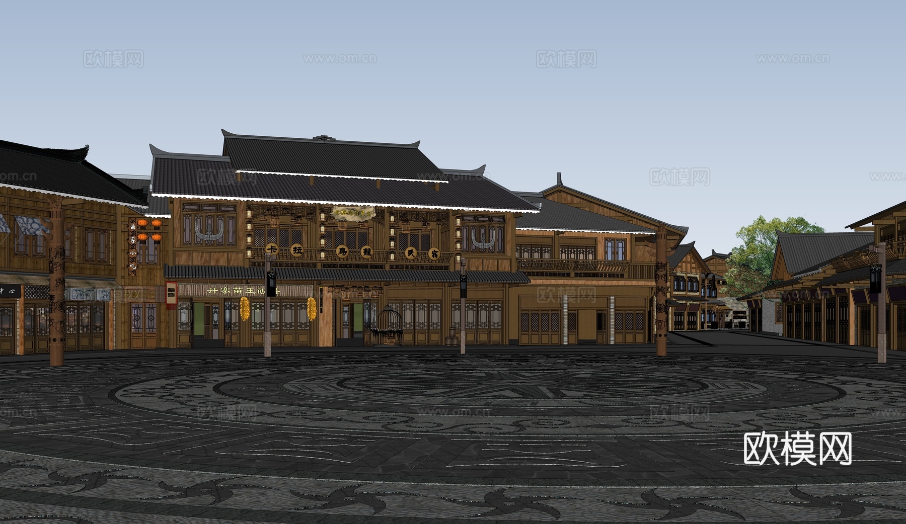 中式商业街 古镇街道 牌楼牌坊su模型