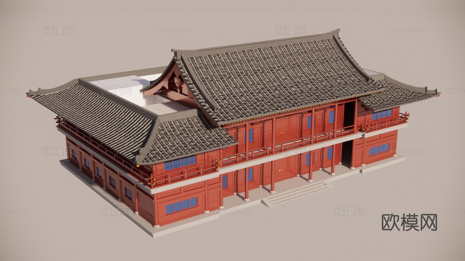 仿古独栋酒店住宅自建房别墅民宿仿古建筑悬山顶盝顶su模型
