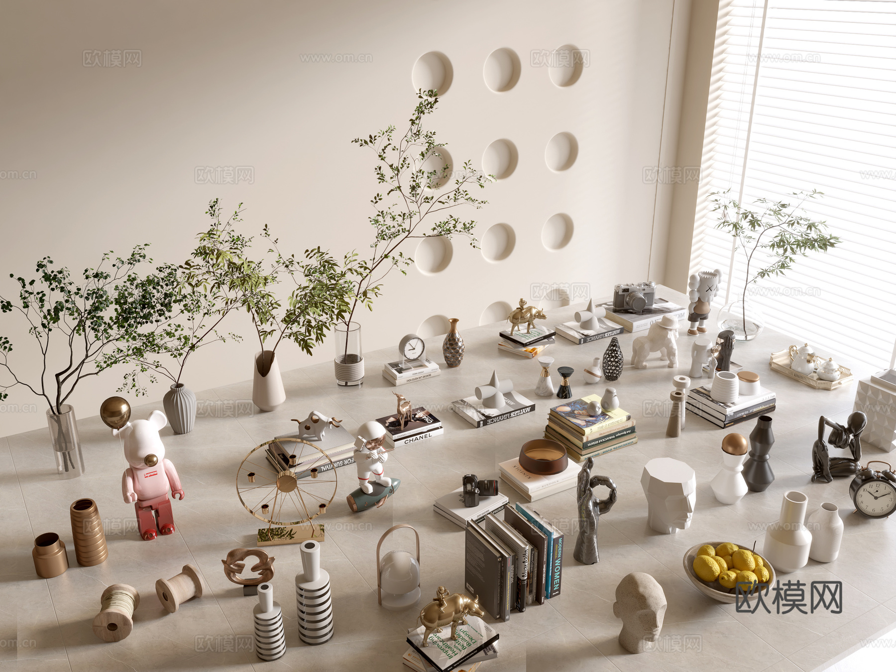 现代摆件组合 花瓶 植物 书本 雕塑 摆件3d模型