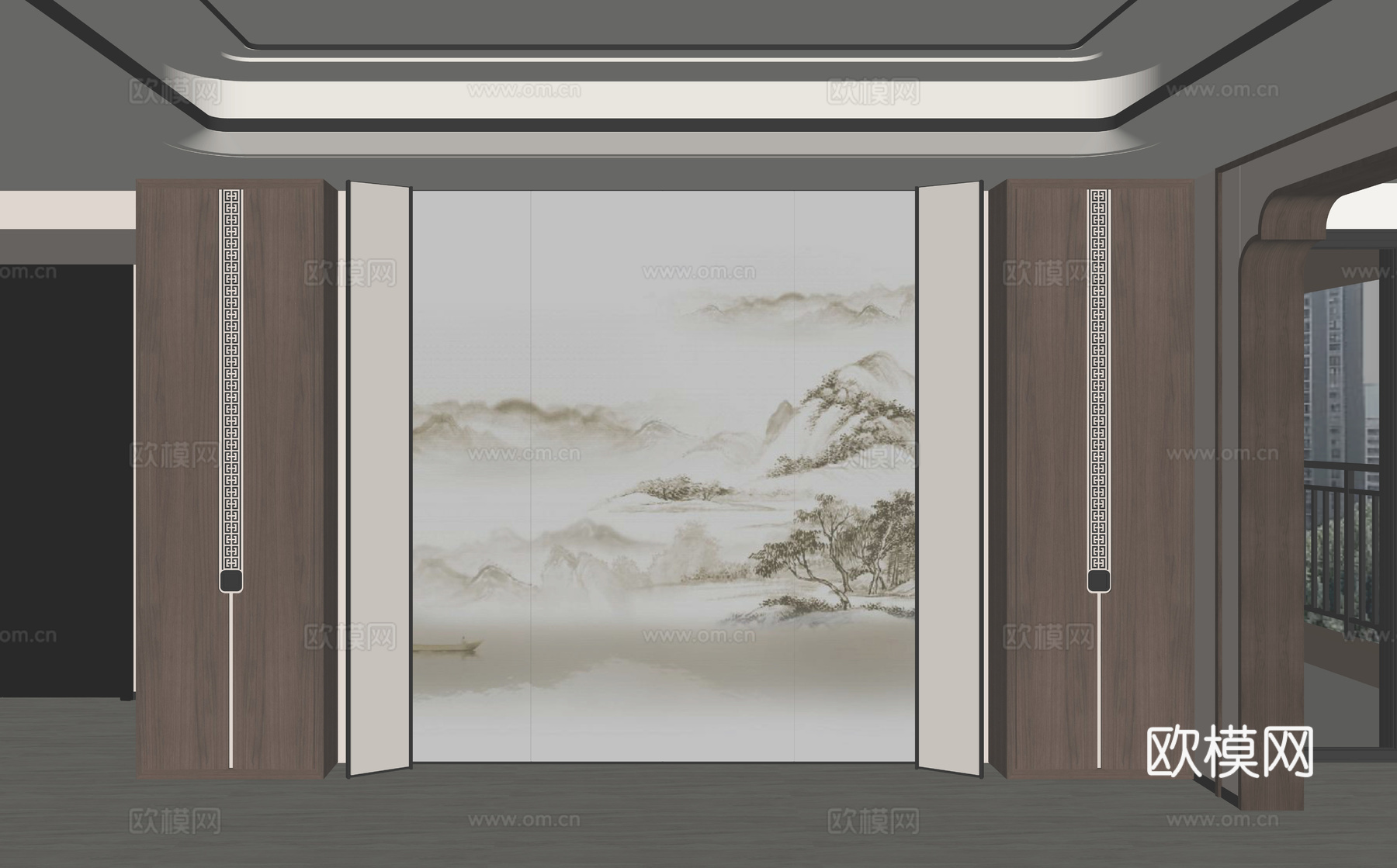 新中式背景墙su模型