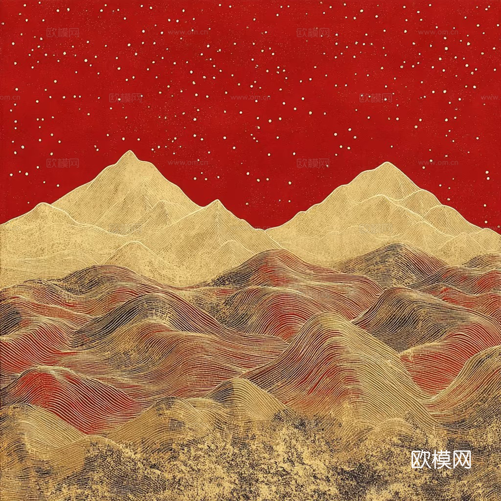 中式红色鎏金山形壁画