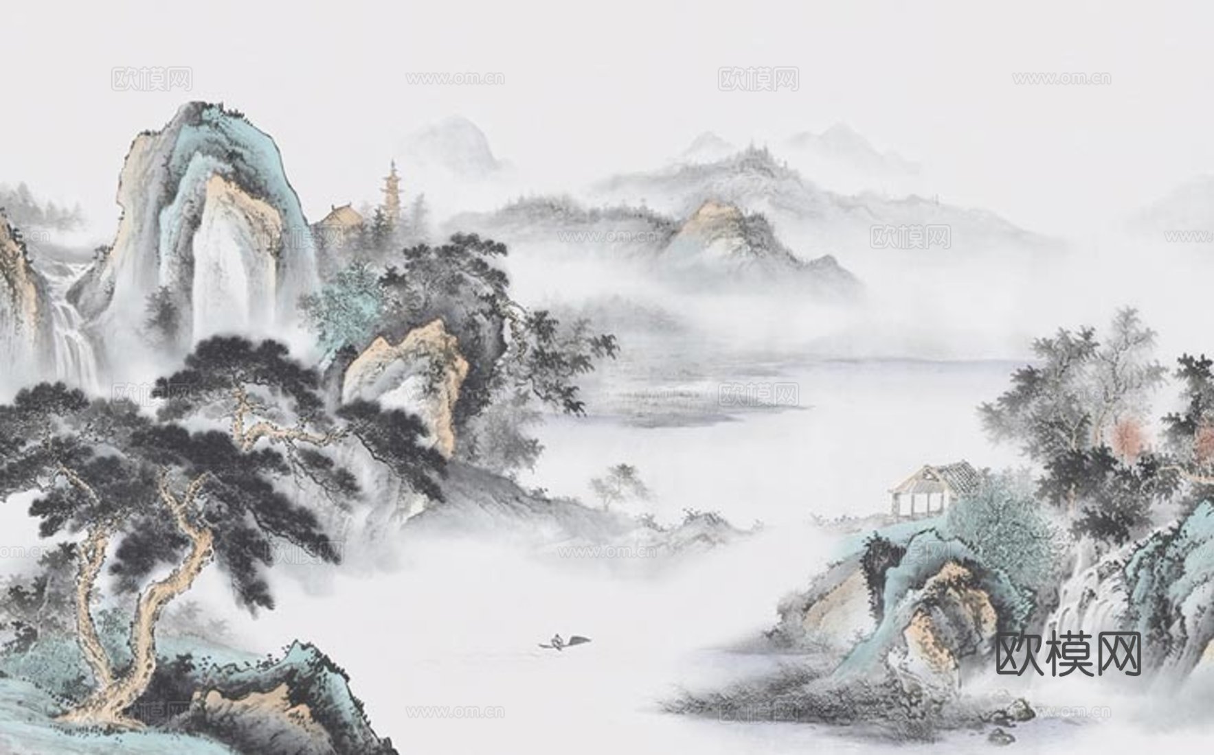 新中式背景墙壁画挂画贴图