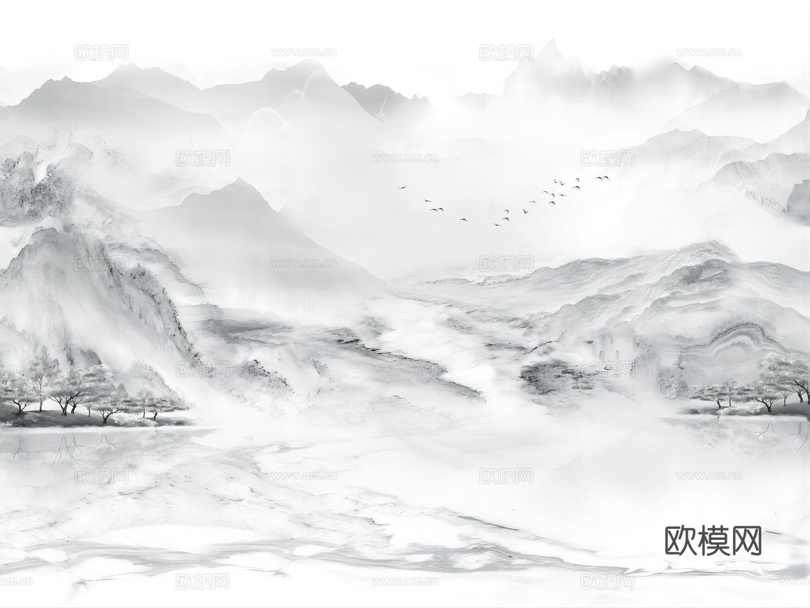 高清中式新中式山水壁画壁纸下载