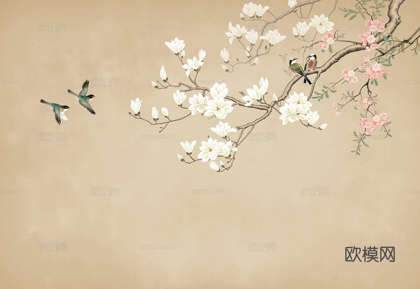 新中式玉兰花花鸟壁画贴图