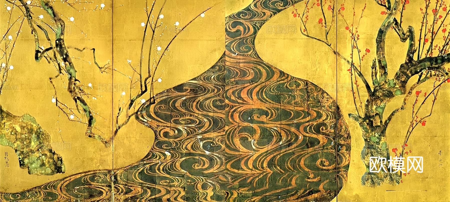 新中式金色屏风壁画