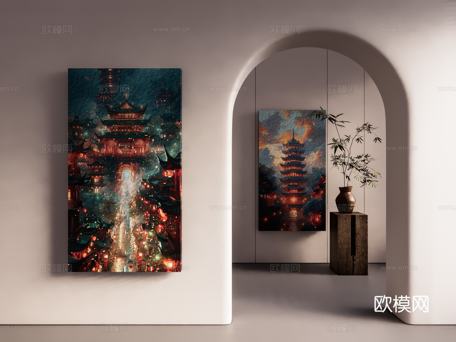 中国风油画 中国风挂画 古建油画 现代新中式挂画 挂画组合su模型
