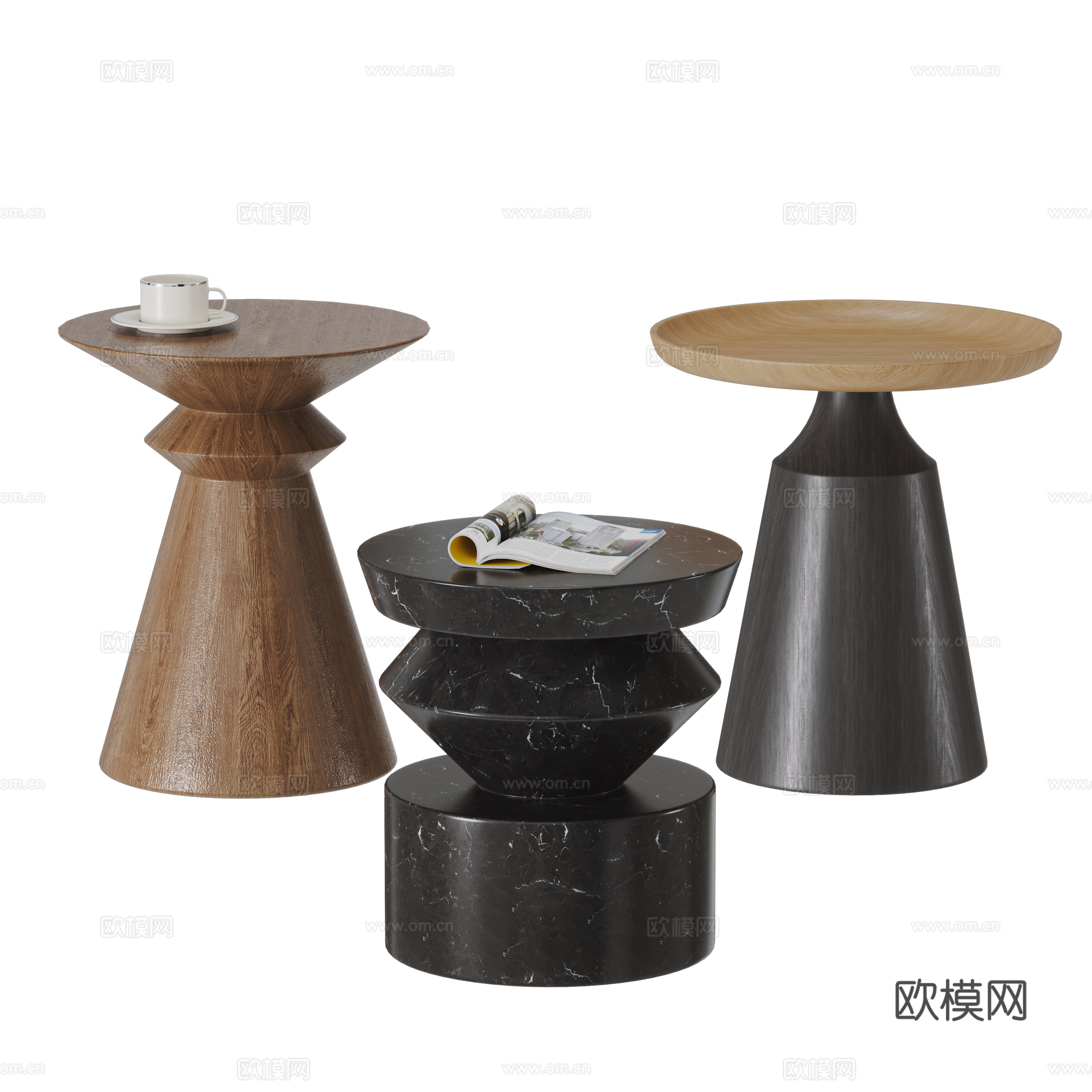 中古风边几组合 圆边几 小圆桌 休闲桌 大理石边几 实木边几su模型