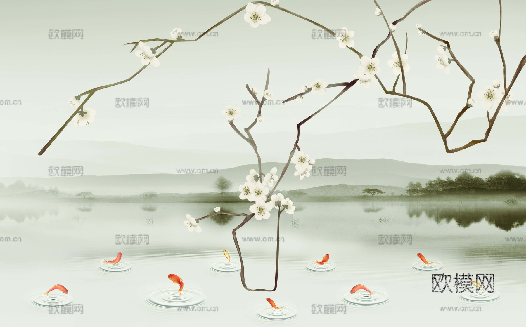 中式新中式山水壁画壁纸