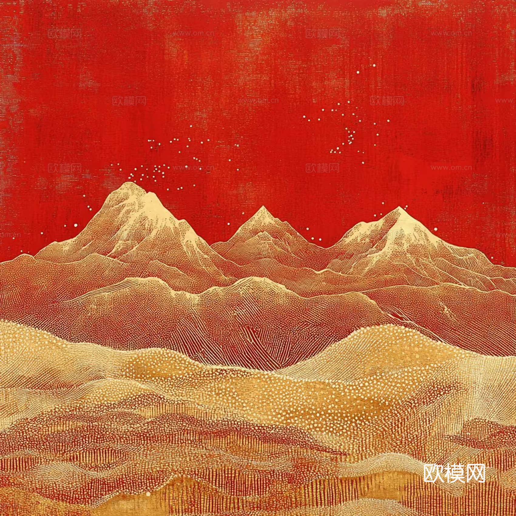中式红色鎏金山形壁画
