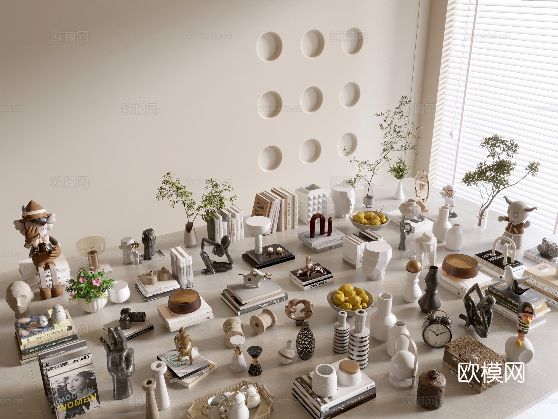 现代摆件组合 花瓶 植物 书本 雕塑 摆件3d模型