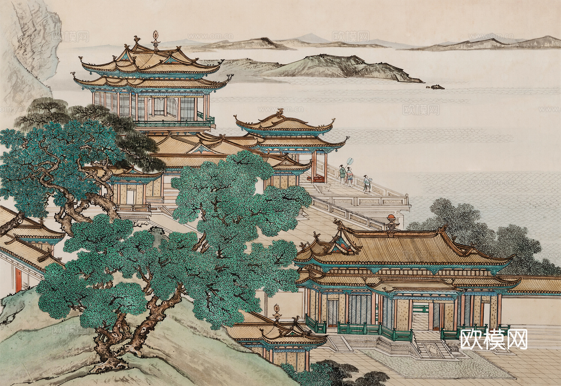 中式山水画背景壁纸墙布壁画贴图