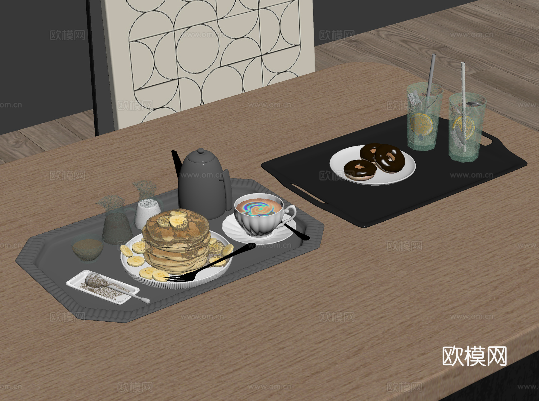 餐盘 咖啡壶 咖啡杯 水杯 托盘 点心3d模型