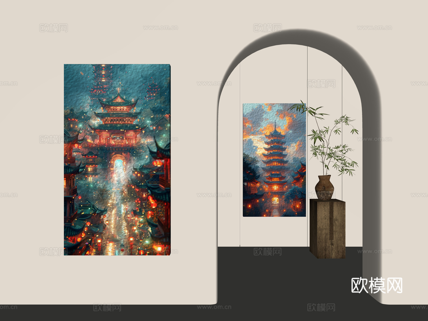 中国风油画 中国风挂画 古建油画 现代新中式挂画 挂画组合su模型