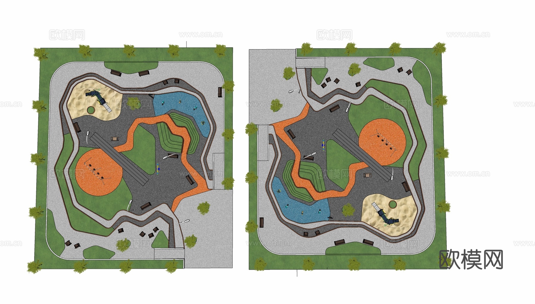现代景观公园 儿童游乐场地 城市运动公园 儿童滑梯游乐器材su模型