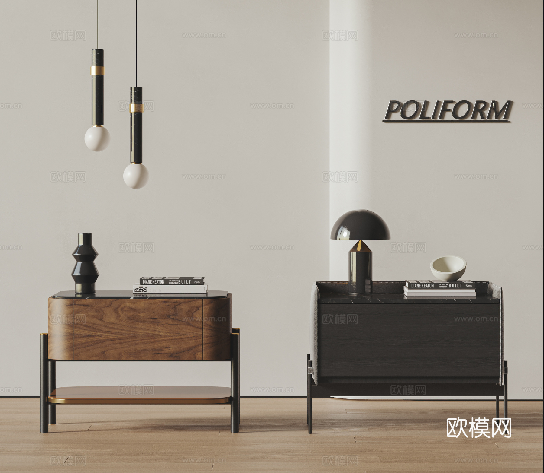 POLIFORM现代床头柜组合 床头柜摆件 方形床头柜 实木su模型