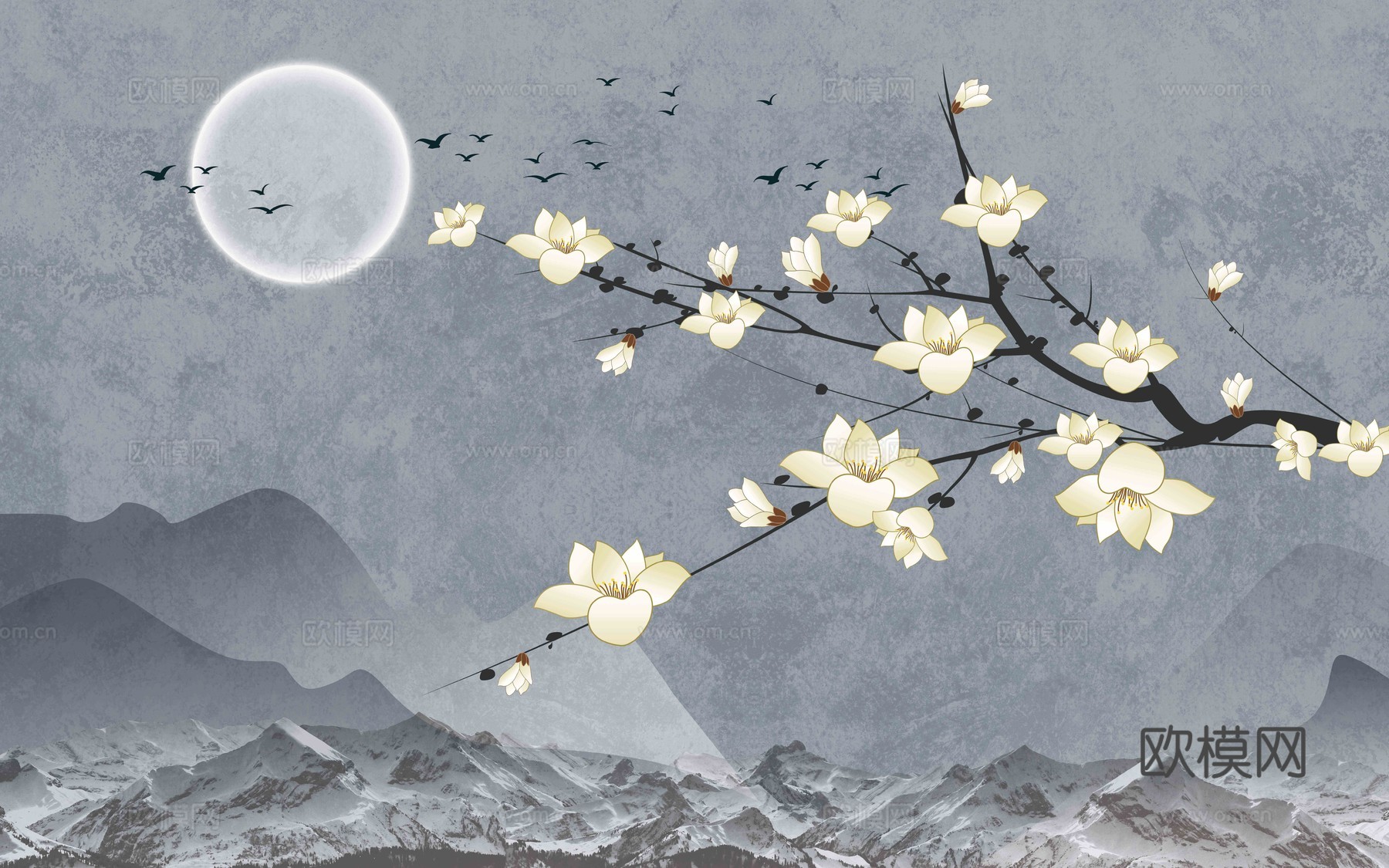 中式花鸟壁纸壁画贴图
