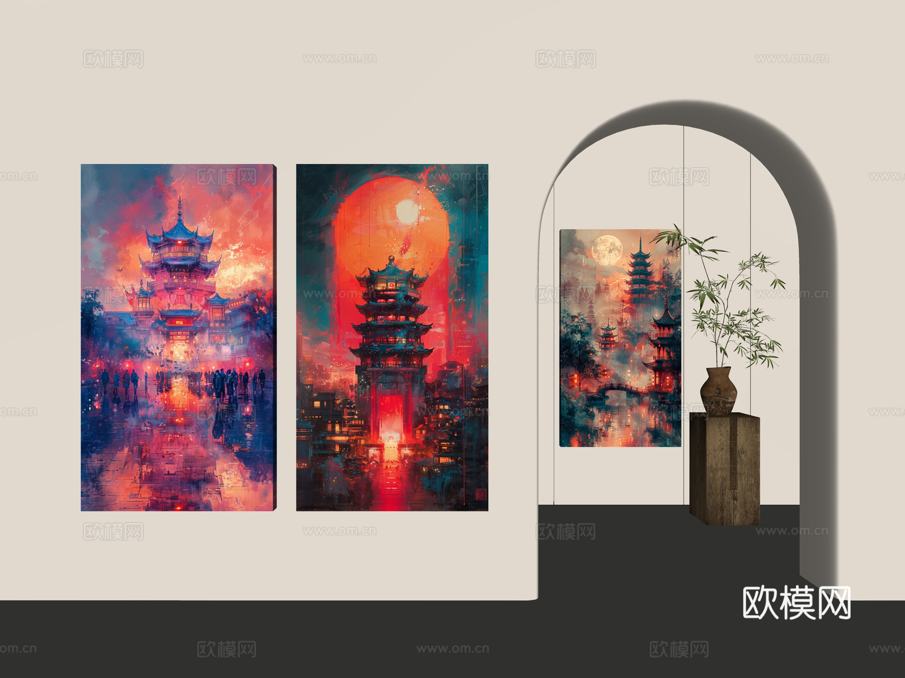 中国风油画 中国风挂画 古建油画 现代新中式挂画 挂画组合su模型