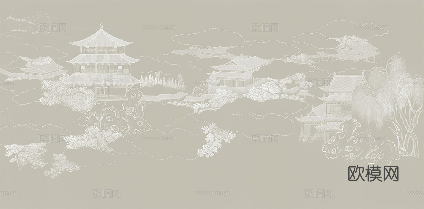 新中式山水云阁仙境阁楼壁画贴图