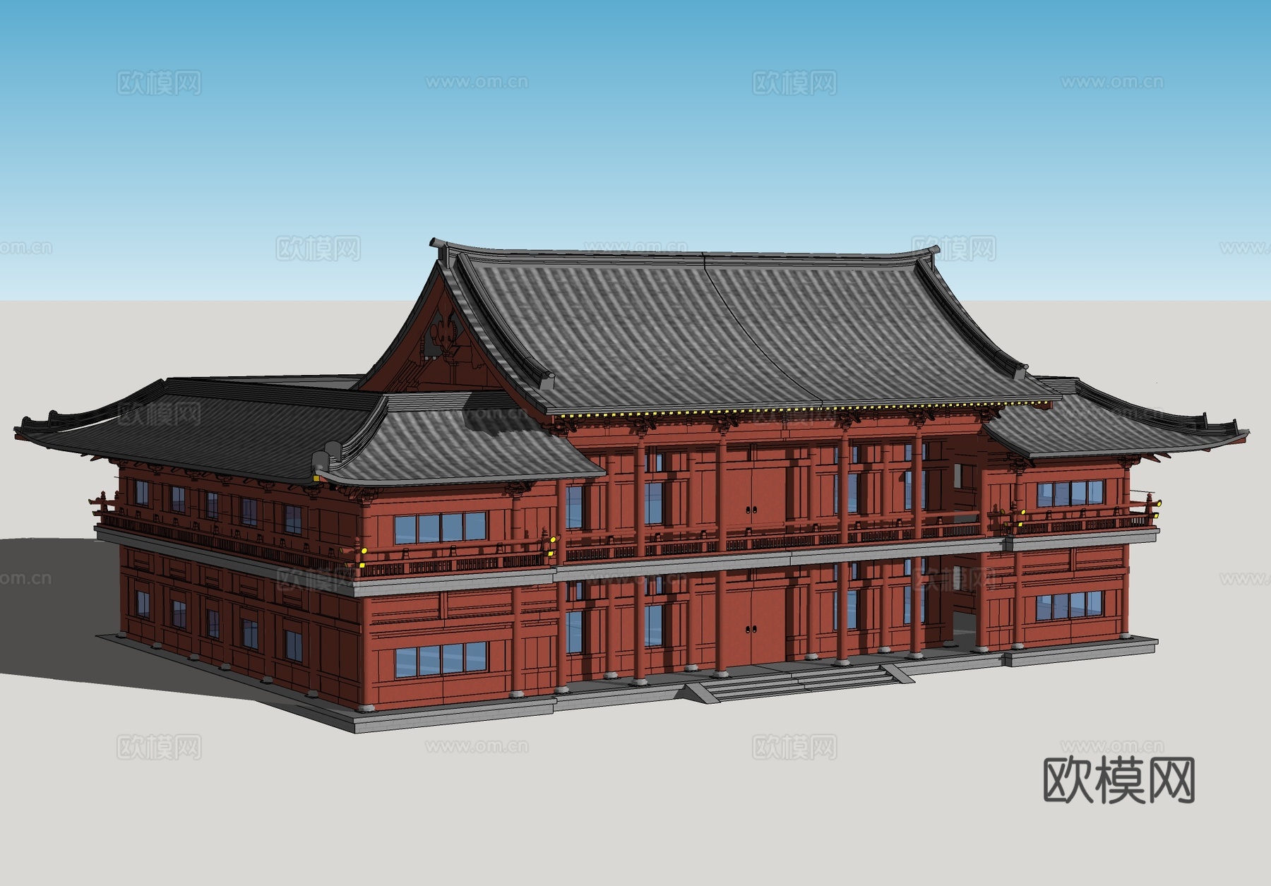 仿古独栋酒店住宅自建房别墅民宿仿古建筑悬山顶盝顶su模型